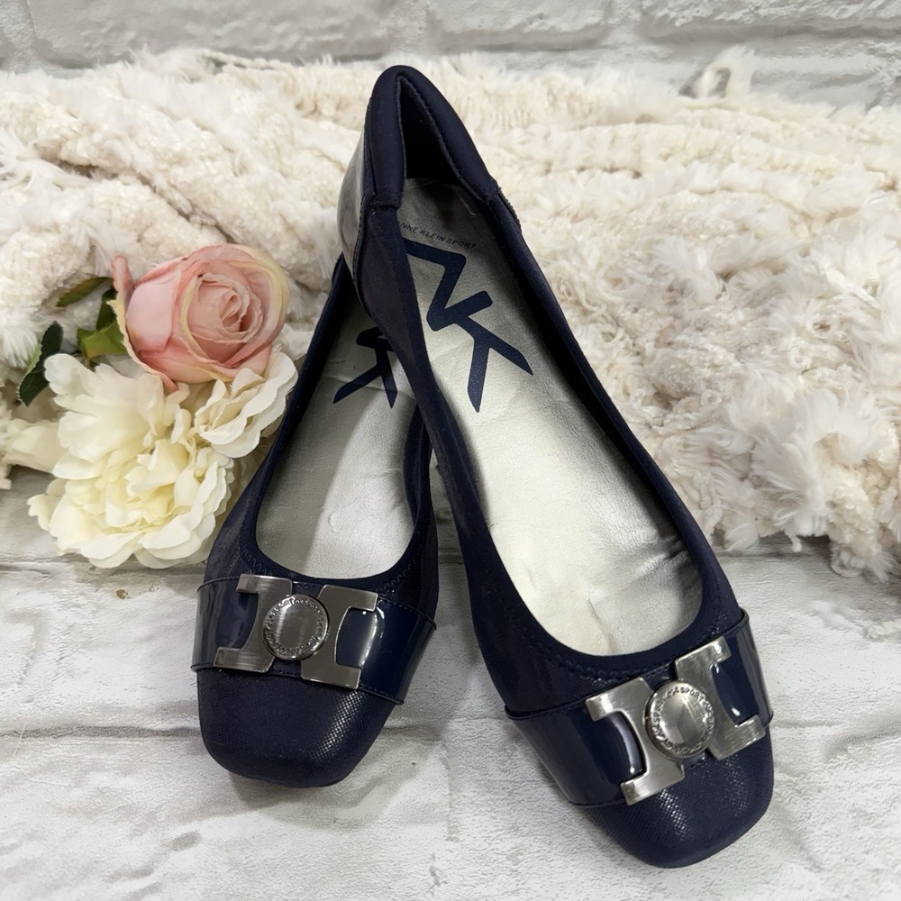 Anne Klein Sport Square Toe Buckle Flat Ballet Shoes Womans Sz 6.5M Navy Slip On